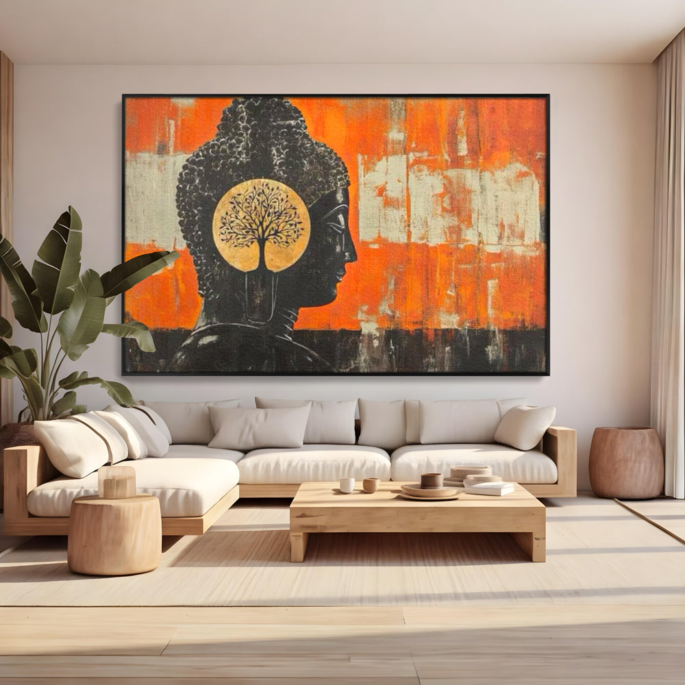 Tablou canvas cu tablou canvas cu profilul lui buddha, in rama de aluminiu negru, pe perete intr-un living